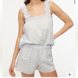 J. Crew Smocked Tank Blue and White Floral Ruffle Pajama Set Medium NWOT 💠